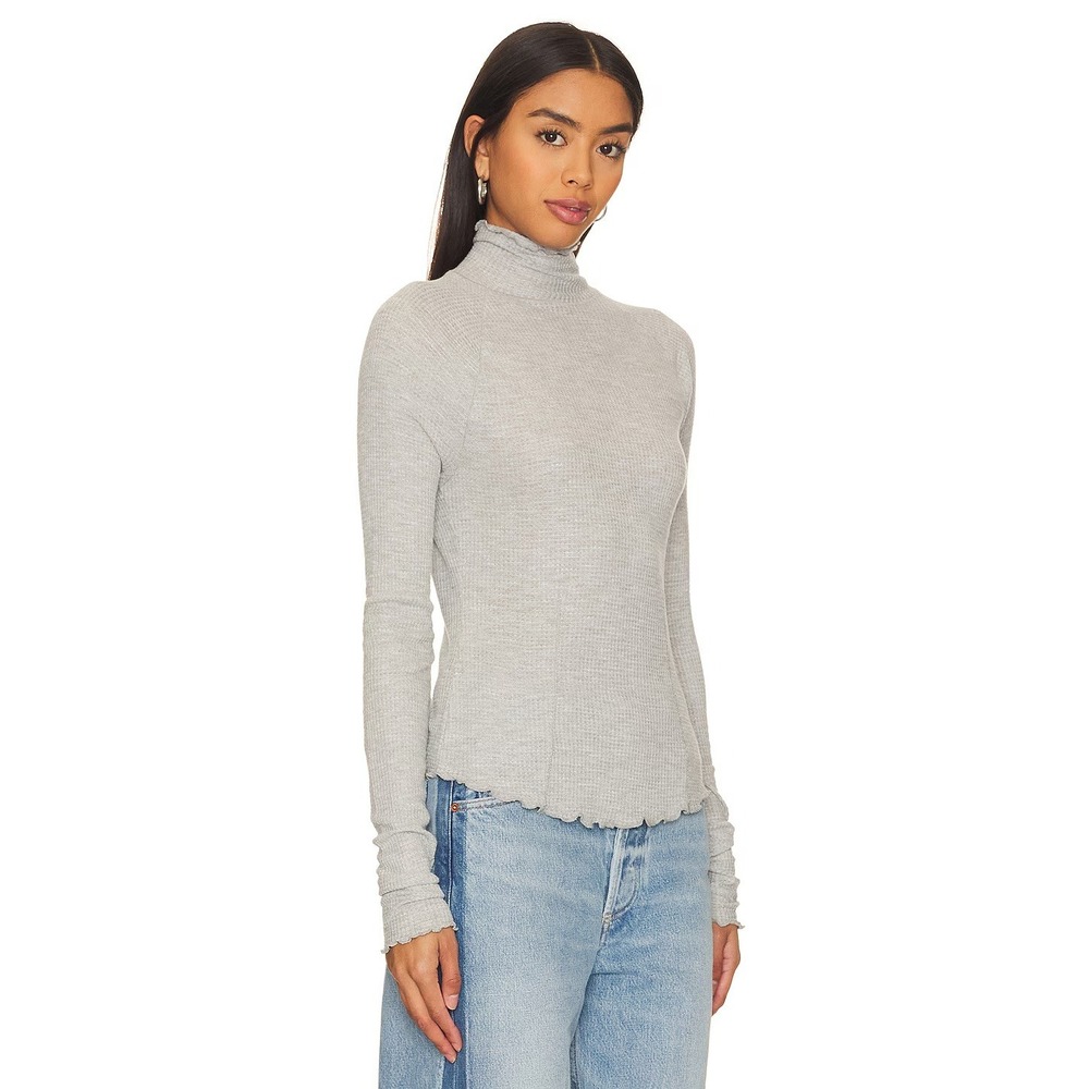 Free People Make It Easy Thermal Heather Ruffled Long Sleeve Top Grey Size M NWT - Picture 2 of 5